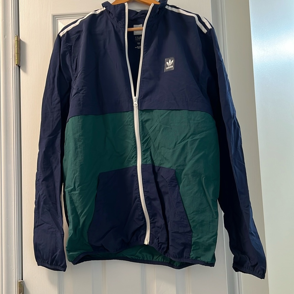 Large mens Adidas zip up jacket, green and blue